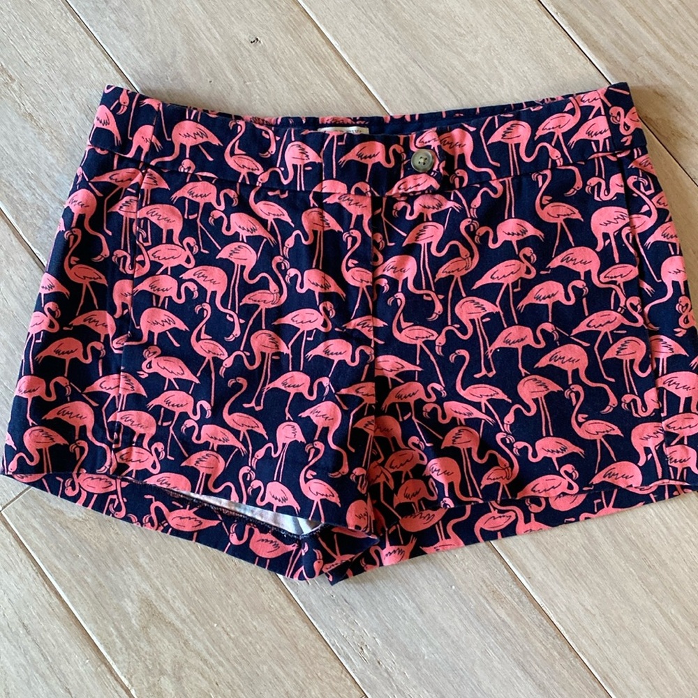 J Crew navy blue and pink flamingo cotton shorts. Size 00. Double button/zip
